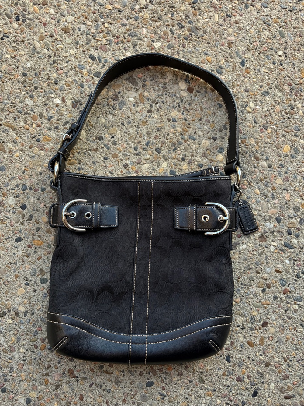Coach Black Signature Monogram Shoulder Bag with Buckle Details